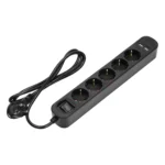 Power strip with surge protection and backlit main switch, 5 sockets 2P+E (Schuko), 2 x USB chargers, cable 3x1mm², 1.5m long, 10A/230 VAC, flat plug