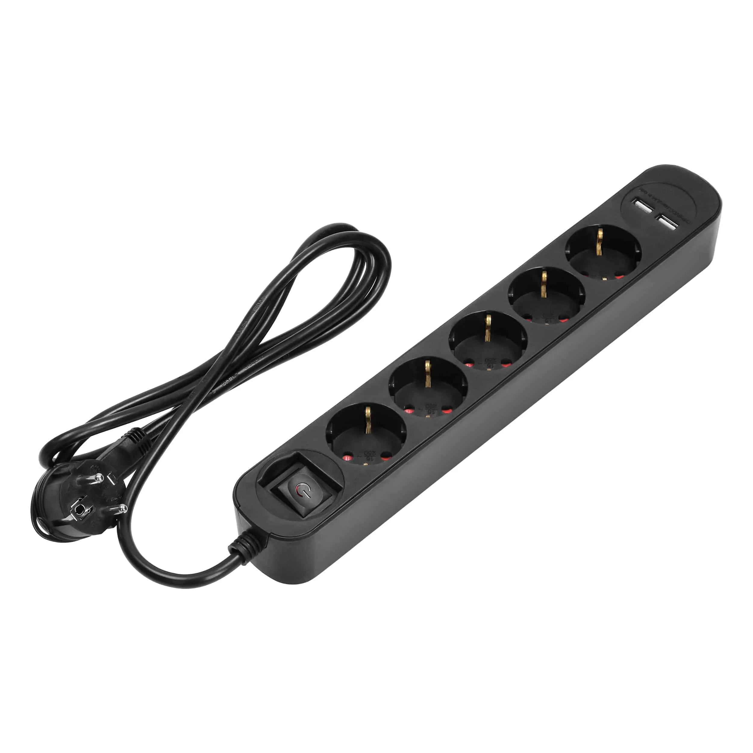 Power strip with surge protection and backlit main switch Power strip with surge protection and backlit main switch, 5 sockets 2P+E (Schuko), 2 x USB chargers, cable 3x1mm², 1.5m long, 10A/230 VAC, flat plug – Obrázok 1