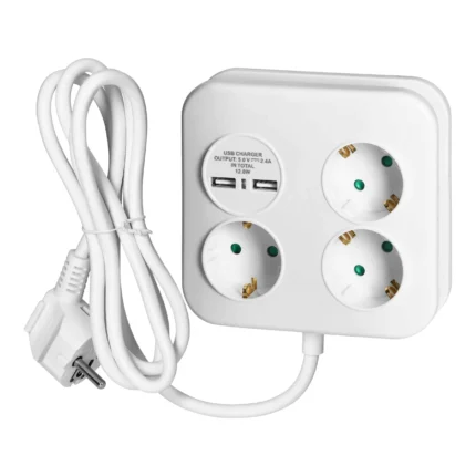 Square power strip 3x2P+E (Schuko) with USB charger, 2xUSB-A, 3x1.5mm2 cable, 1.4m