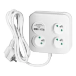 Štvorcová napájacia lišta 3x2P+E s USB konektor, 2xUSB-A, 3x1,0mm2 kábel, 1,4m
