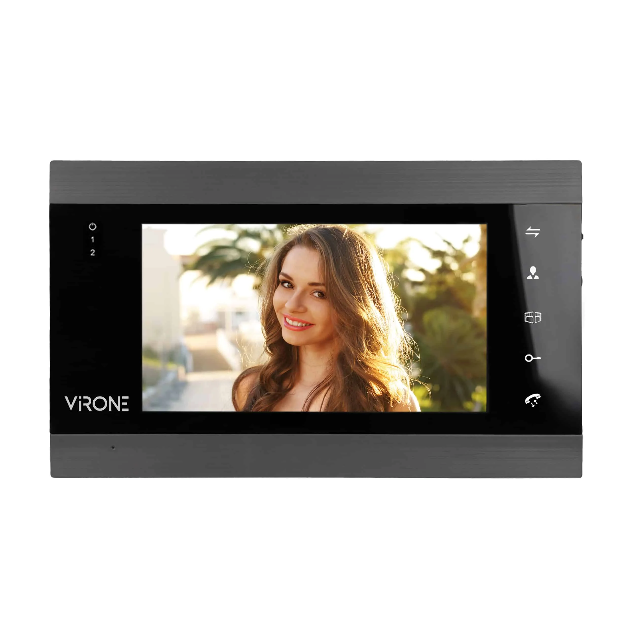 Viacfarebný 7" videomonitor s bezplatnou aplikáciou pre smartfóny pre komunikáciu v interiéri a exteriéri Viacfarebný 7" videomonitor s bezplatnou aplikáciou pre smartfóny pre komunikáciu v interiéri a exteriéri, dokáže zobraziť film, obrázok a ovládať otvorenie brány. – Obrázok 1