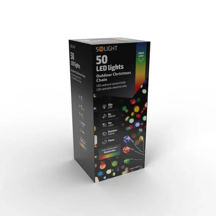 Solight LED vonkajšia vánočná reťaz, 50 LED, 50m, prívod 3m, 8 funkcií, časovač, IP44, viacfarebný – Obrázok 4