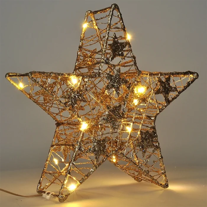 Solight vianočná hviezda glitter, zlatá, kovová, 14x LED, 2x AA – Obrázok 4