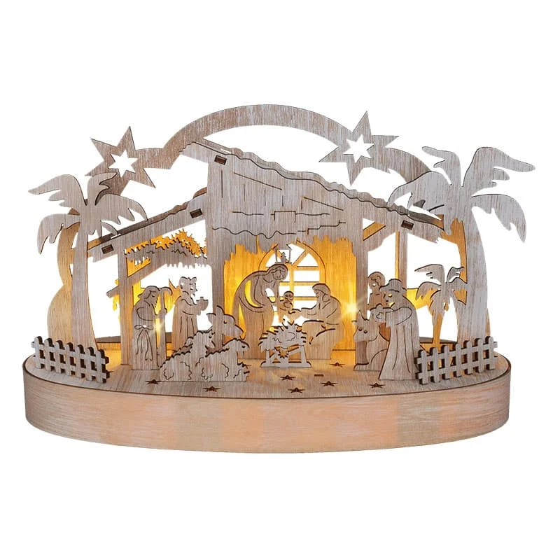 Solight vianočný drevený betlehem podsvietený Solight vianočný drevený betlehem podsvietený, 5x LED, prírodné drevo, 25cm, 2x AA – Obrázok 1
