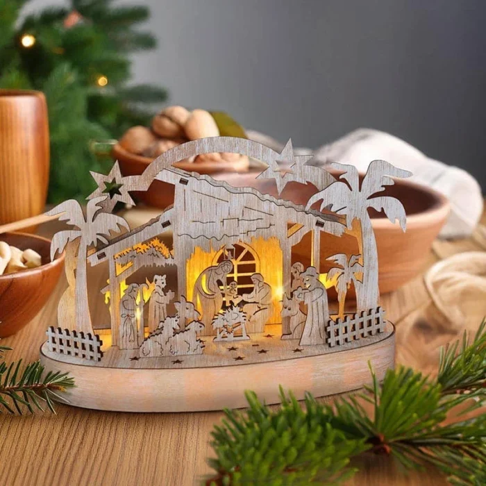 Solight vianočný drevený betlehem podsvietený, 5x LED, prírodné drevo, 25cm, 2x AA – Obrázok 2
