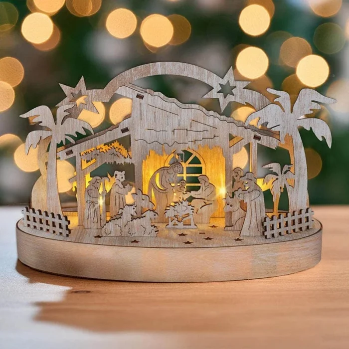 Solight vianočný drevený betlehem podsvietený, 5x LED, prírodné drevo, 25cm, 2x AA – Obrázok 3