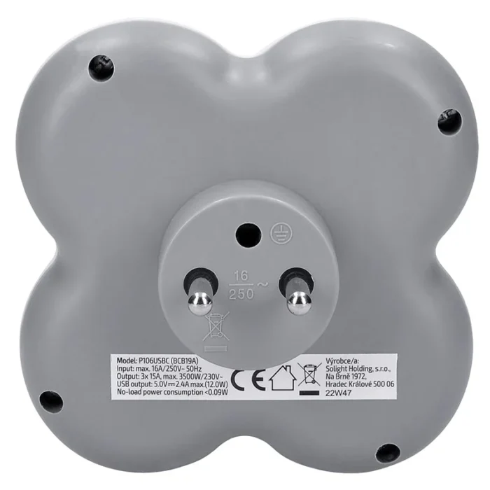 Solight rozbočovač, 3x 15A, USB nabíjačka A+C, biely-sivý – Obrázok 2