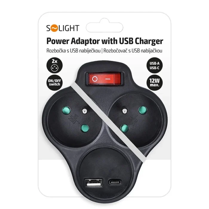Solight rozbočovač s USB A+C nabíjačkou, 2 x 10A, čierny, vypínač – Obrázok 4