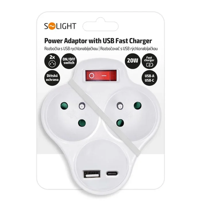 Solight rozbočovač s USB A+C rychlonabíjačkou 20W PD, 2 x 10A, biely, vypínač – Obrázok 4