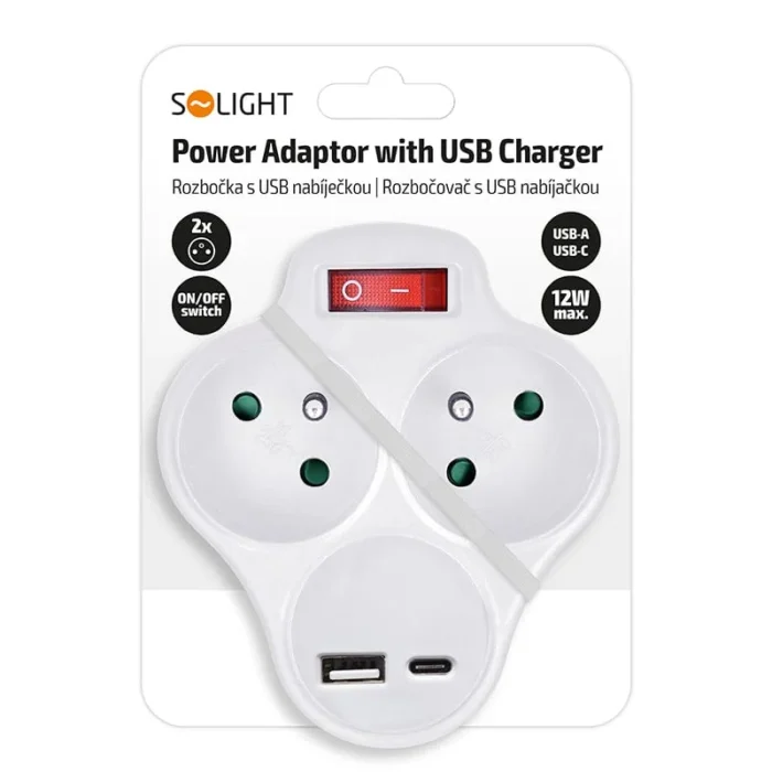 Solight rozbočovač s USB A+C nabíjačkou, 2 x 10A, biely, vypínač – Obrázok 4