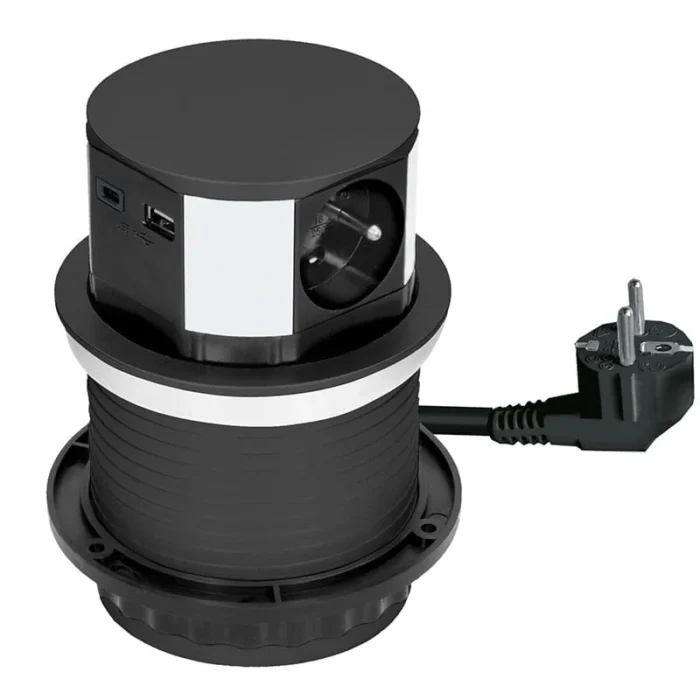 Solight 3z + USB A+C výsuvný blok zásuviek, 2m, čierny – Obrázok 2