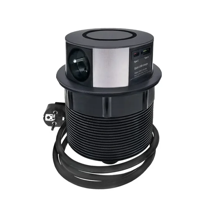 Solight 3z + USB A+C 20W PD, Wireless 10W, výsuvný blok zásuviek, 2m,  čierny – Obrázok 2