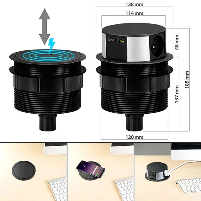 Solight 3z + USB A+C 20W PD, Wireless 10W, výsuvný blok zásuviek, 2m,  čierny – Obrázok 4