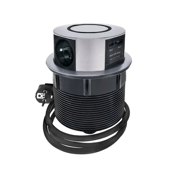 Solight 3z + USB A+C + Wireless 10W výsuvný blok zásuviek, kruhový tvar, predlžovací prívod 2m, 3 x 1,5mm2 – Obrázok 2