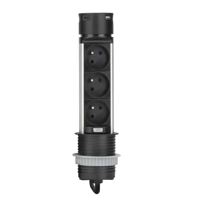 Solight 3z + USB A+C výsuvný blok zásuviek, 2m, čierny – Obrázok 3