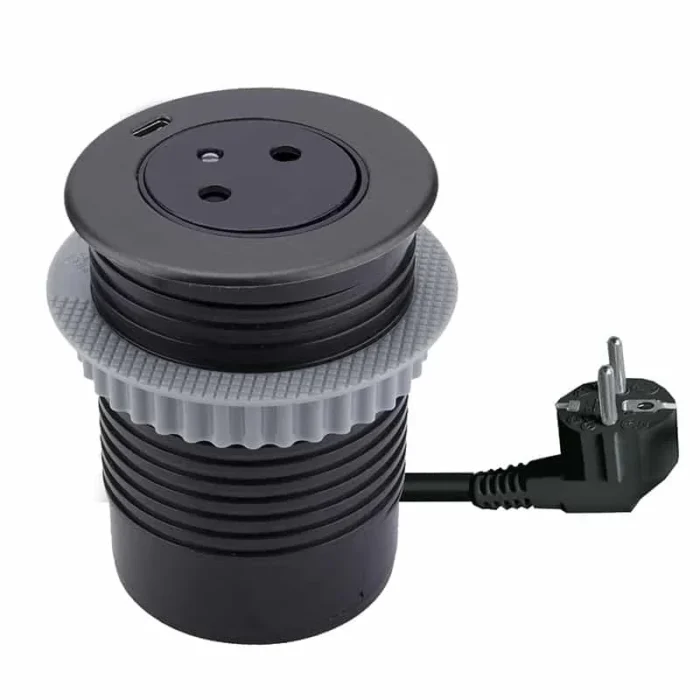 Solight 1z + 1x USB-C vstavaná zásuvka, nerez oceľ, EasyEject systém, predlžovací prívod 1,5m, 3x 1,5mm2, USB 3.0A, tmavá metalická – Obrázok 2