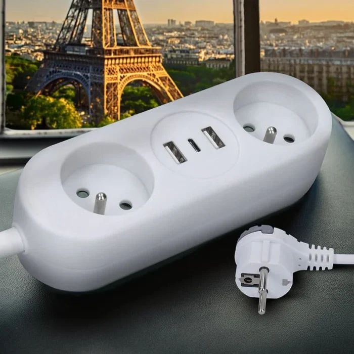 Solight 2z + USB A+C 17W, cestovný predlžovací prívod 1.5m, biely – Obrázok 2