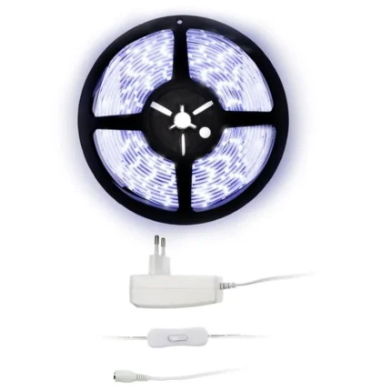 Solight LED svetelný pás s testrom, 5m, sada s 12V adaptérom, 4,8W/m, IP65, studená biela
