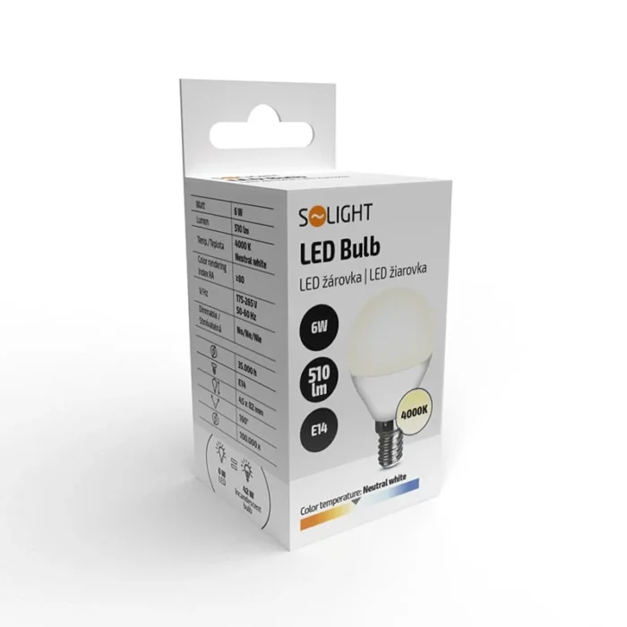 Solight LED žiarovka, miniglobe, 6W, E14, 4000K, 510lm, biele prevedenie – Obrázok 2