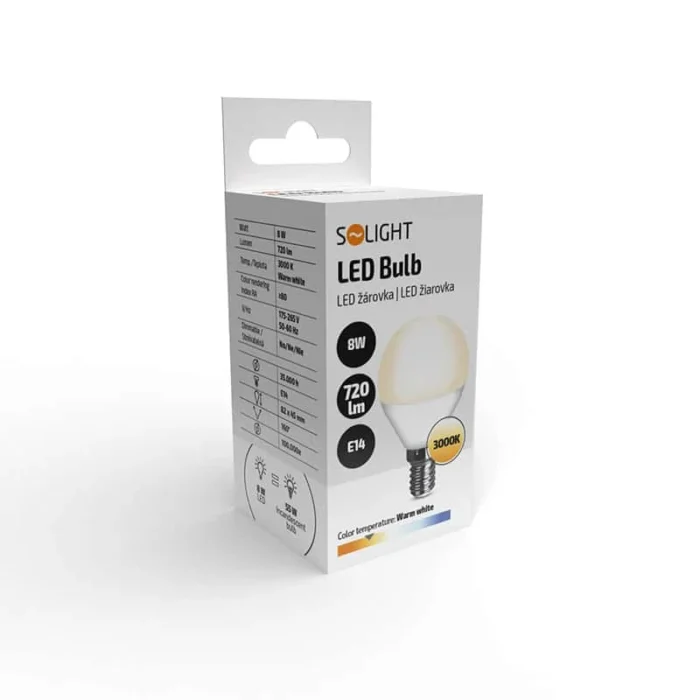 Solight LED žiarovka, miniglobe, 8W, E14, 3000K, 720lm, biele prevedenie – Obrázok 2