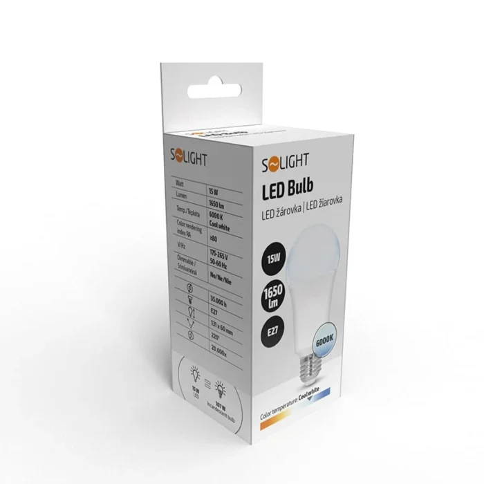 Solight LED žiarovka, klasický tvar, 15W, E27, 6000K, 220°, 1650lm – Obrázok 2