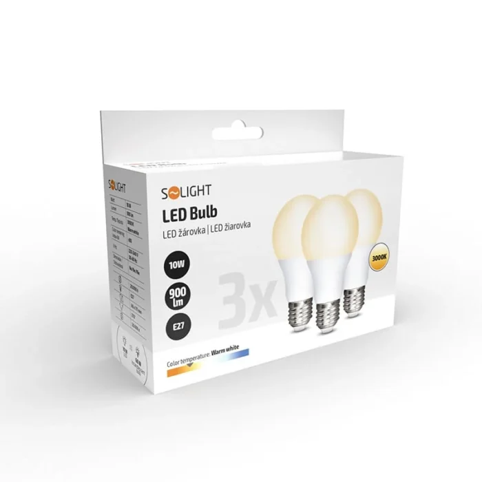Solight LED žiarovka 3-pack, klasický tvar, 10W, E27, 3000K, 270°, 900lm, 3ks v baleniu – Obrázok 2