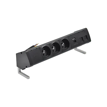 Zostava nábytkových zásuviek: 3x250V typ E+nabíj. USB A-C krytka 2xRJ45 s uchytením Keystone, kabel 15 cm, čierny