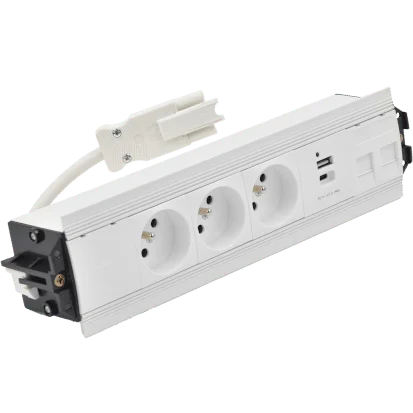 img_7126.png Mediaport Indesk: 3x250V typ E+nabíj.USB A-C+ krytka 2xRJ45 s držiakom Keystone, rychlospojka; typ Wieland, biela – Obrázok 1