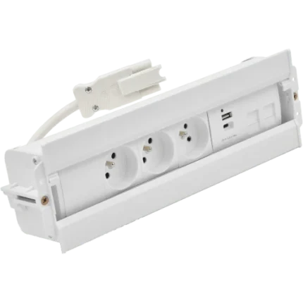 Mediaport Spinner: 3x250V typ E+nabíj.USB A-C+krytka 2xRJ45 s držiakom Keystone, rychlospojka; typ Wieland, biela