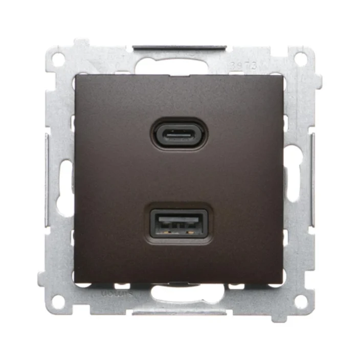 Dvojitá USB nabíjačka, C+A, hnedá matná, 30W – Obrázok 2
