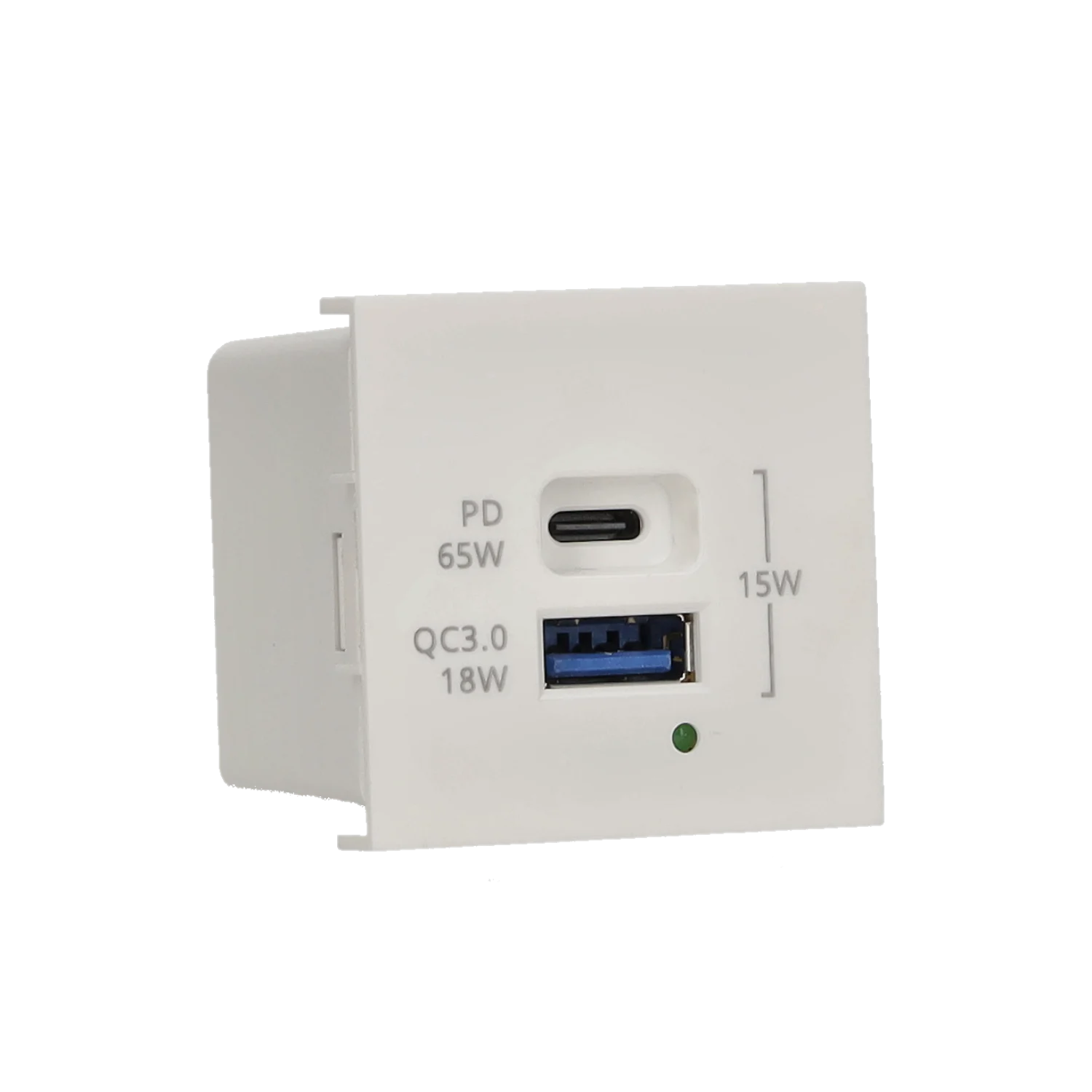 img_9449.png Nabíjačka USB QUICK CHARGE, K45, 5V, DC, 3,1A, 45×45mm, biela, Maximálny výkon nabíjania: 65W, USB: C+A – Obrázok 1