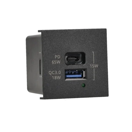 Nabíjačka USB QUICK CHARGE, K45, 5V, DC, 3,1A, 45×45mm, čierny, Maximálny výkon nabíjania: 65W, USB: C+A
