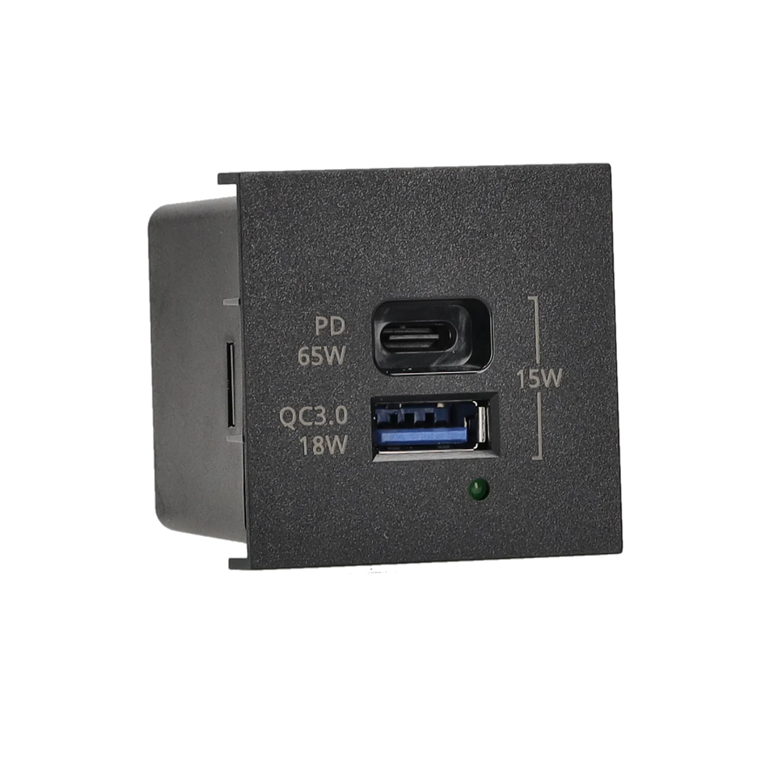 img_9450.png Nabíjačka USB QUICK CHARGE, K45, 5V, DC, 3,1A, 45×45mm, čierny, Maximálny výkon nabíjania: 65W, USB: C+A – Obrázok 1